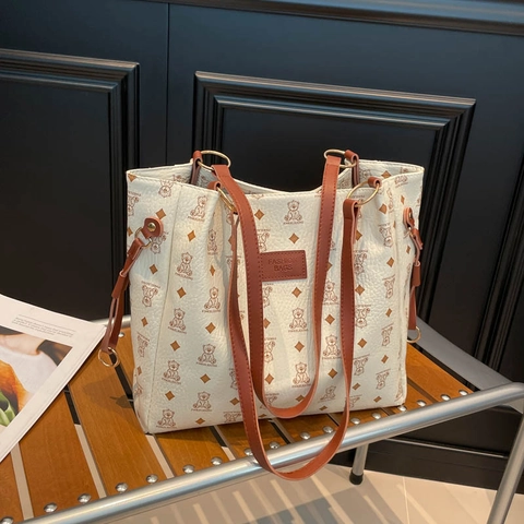 Damen Große Kapazität PU Leder Tote Tasche Mode Bären Druck Karo Schultertasche Lässig Pendler Handtasche Damen Tasche