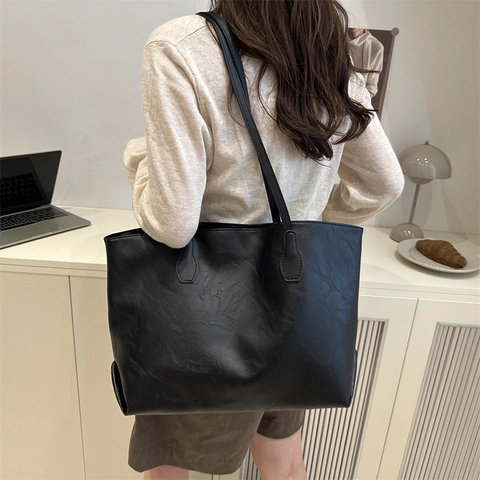Women Large Capacity PU Leather Tote Bag Vintage Texture Shoulder Bag Fashion Casual Daily Commuting Shopper Bag Horizontal Square Zipper Handbag