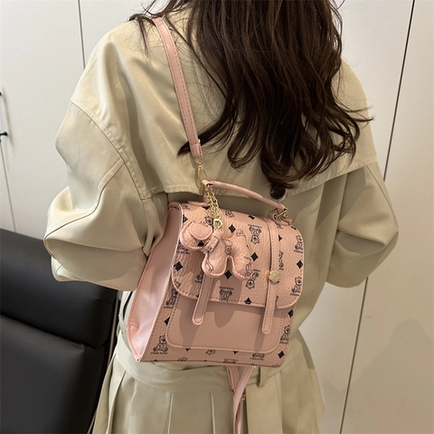 Mini Sac à Dos de Style Coréen Rétro Mode Imprimé Ours à Pois pour Femmes Étudiants Léger en Simili-Cuir PU Sac d'École Décontracté