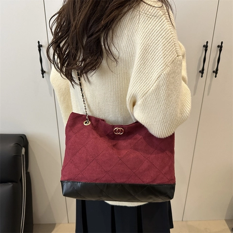 Bolso Tote Acolchado Vintage para Mujer Con Correa de Cadena Color de Contraste Gran Capacidad Bolso de Hombro de Ante