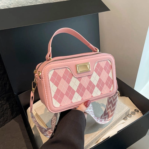 Urban Plaid Argyle Small Square Bag Women Korean PU Leather Handbag With Wide Woven Shoulder Strap Commute Crossbody Bag