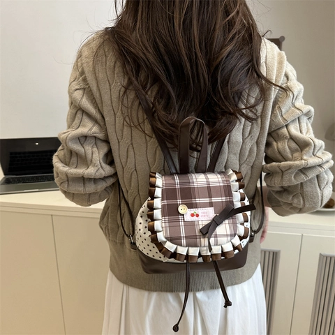 Süßer Japanischer Stil Gingham Stern Mini Rucksack Für Damen Mode PU Segeltuch Kirsche Schleife Rüschen Kleiner Schulrucksack