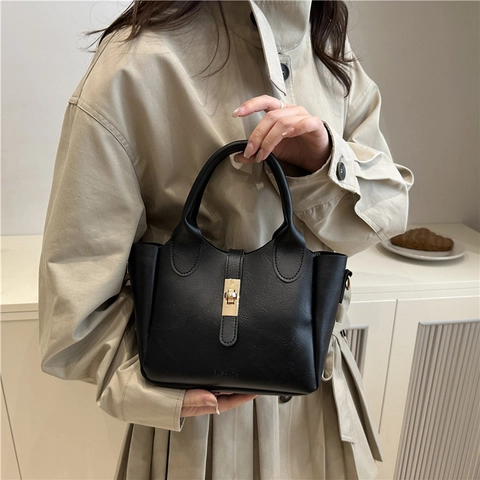 Bolso Cubo de Cuero PU para Mujer Vintage Color Sólido Con Cierre de Metal Bolso Bandolera Bolso Casual