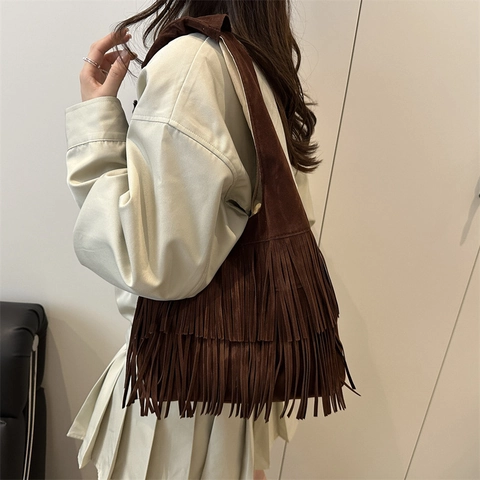 Borsa a Spalla Vintage da Donna in Scamosciato Sintetico con Frange Grande Capacità Boho Borsa a Tracolla Moda Hobo Bag