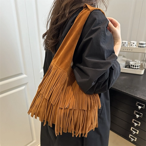 Bolso Tote de Gamuza Sintética Vintage con Borlas para Mujer Gran Capacidad Bolso de Hombro Bohemio Color Sólido Bolso Hobo Casual