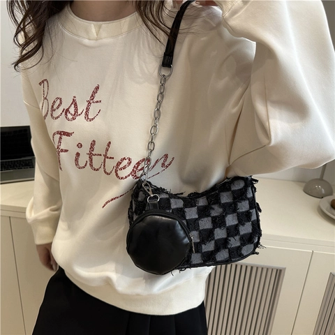 Vintage Denim Checkerboard Star Underarm Bag For Women Frayed Edge Shoulder Bag With Chain And Small Round Coin Pouch Fashion Bag