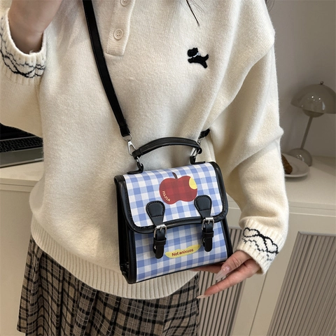 Mini Sac à Dos Doux à Carreaux Gingham pour Femmes Cuir PU Motif Pomme Style Coréen Frais Sac à Main Campus Sac de Voyage Mode