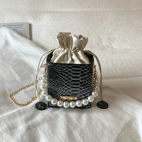 Schlangenmuster Mini Eimertasche Für Damen Retro Künstliche Perlenimitat Griff Umhängetasche Mit Goldener Kette Schulterriemen Mode PU Tasche