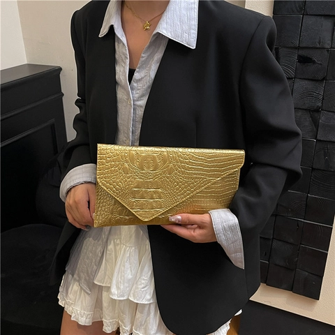Women's Crocodile Pattern Envelope Clutch Bag Fashion PU Leather Handbag Square Evening Party Small Shoulder Crossbody Bag