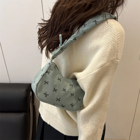 Damen Cord Umhängetasche Schleife Muster Retro Süß Hobo Tasche Crescent Unterarm Handtasche Für Pendeln Alltag Geschenk