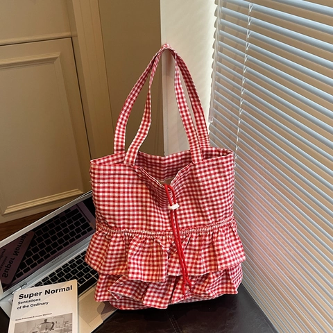 Bolso Tote de Tela a Cuadros Gingham para Mujer Bolso de Hombro con Volantes y Cordón Gran Capacidad Bolso de Mano Casual