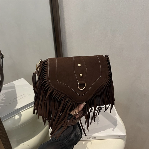 Vintage Wildlederimitat Quaste Umhängetasche Für Damen Leopardenmuster Kontrastnähte Nieten Böhmen Schulter Messenger Tasche