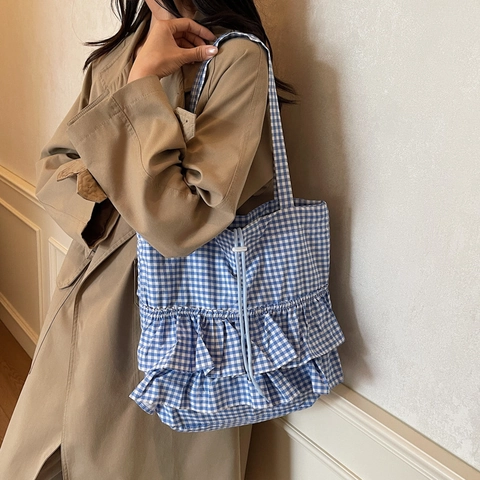 Bolso Tote de Tela a Cuadros Gingham para Mujer Bolso de Hombro con Volantes y Cordón Gran Capacidad Bolso de Mano Casual
