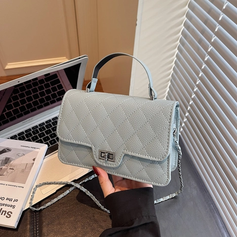 Women Quilted Chain Crossbody Bag PU Leather Small Square Handbag With Top Handle Metal Turn Lock Fashion Shoulder Bag