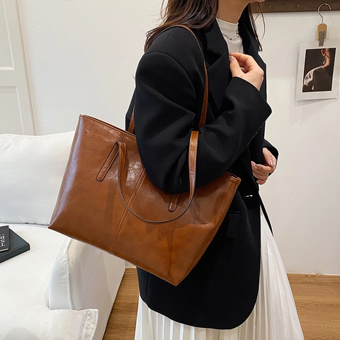 Bolso Tote de Gran Capacidad para Mujer de Cuero PU Retro Bolso de Hombro Estilo Simple Urbano Bolso de Trabajo