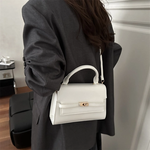 Luxus Strukturierte Handtasche Für Damen Vintage PU Leder Umhängetasche Mit Gold Drehverschluss Elegante Quadratische Tasche