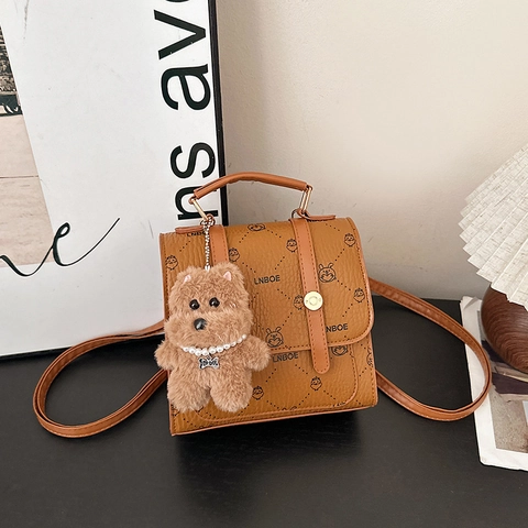 Women Fashion PU Leather Backpack Cartoon Animal Letter Print Small Shoulder Bag With Plush Bear Charm Retro Travel Handbag