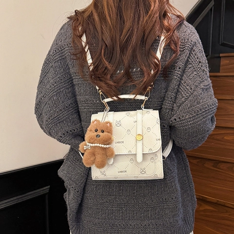 Women Fashion PU Leather Backpack Cartoon Animal Letter Print Small Shoulder Bag With Plush Bear Charm Retro Travel Handbag