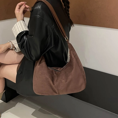 Bolso Hobo de Gamuza Vintage para Mujer Gran Capacidad Bolso Bandolera Con Costuras Decorativas Bolso de Hombro Color Sólido