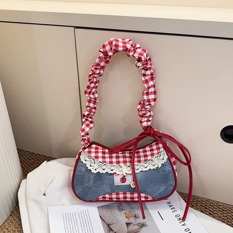 Sweet Gingham Denim Patchwork Underarm Bag Women Lace Bow Retro Small Square Shoulder Bag For Girls Casual Handbag