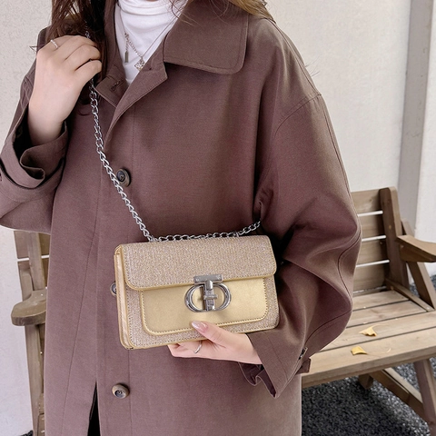 Bolso Bandolera de Cuero PU con Lentejuelas Brillantes para Mujer Bolso de Mano Cuadrado con Cadena de Metal para Fiesta Viaje Diario