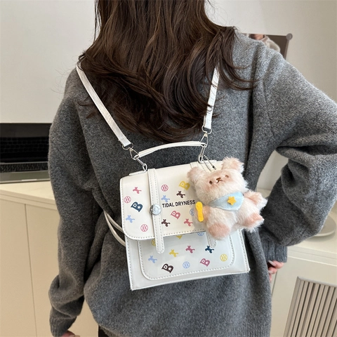 Women Mini Backpack Shoulder Bag PU Leather Colorful Letter Printed Handbag With Bear Pendant Small Square Bag For School