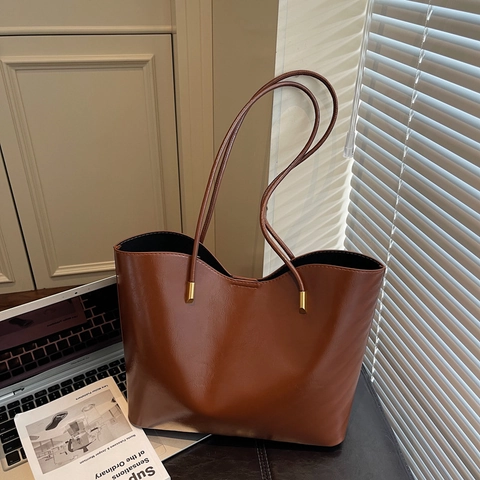 Women Large Capacity PU Leather Tote Bag Set Minimalist Commuter Shoulder Bag With Pouch Solid Color Glossy Fashion Handbag