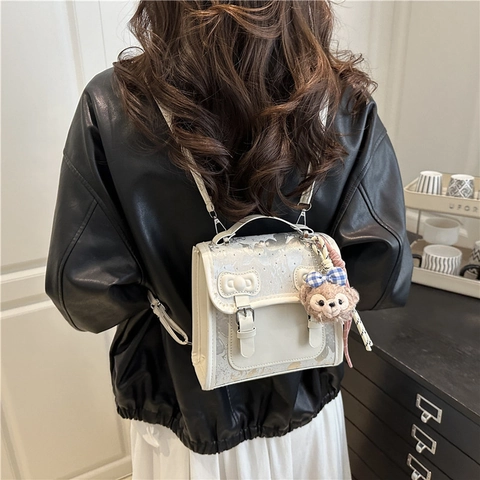 Zaino alla Moda in Pelle PU in Stile Preppy per Donna Dolce Fiocco Doppia Fibbia Pendolare Piccola Borsa a Mano Quadrata Tracolla Versatile