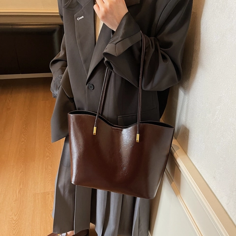 Women Large Capacity PU Leather Tote Bag Set Minimalist Commuter Shoulder Bag With Pouch Solid Color Glossy Fashion Handbag