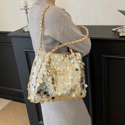 Mode Pailletten Tote Bag Für Damen Große Kapazität Umhängetasche Mit Geflochtenen Griffen Glänzende Minimalistische Handtasche Glitzer Tasche
