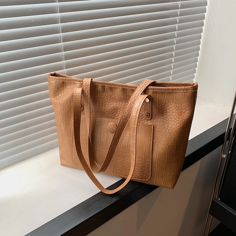 Damen Große Kapazität Krokodilmuster Tote Bag Urban Minimalistisch PU Leder Umhängetasche Mit Vordertasche Für Den Alltag