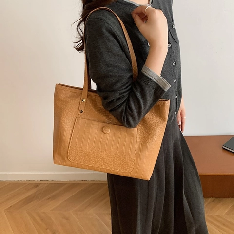 Damen Große Kapazität Krokodilmuster Tote Bag Urban Minimalistisch PU Leder Umhängetasche Mit Vordertasche Für Den Alltag