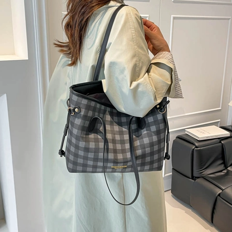 Bolso Tote Fresco Estilo Coreano Gingham Mujeres Gran Capacidad Cuero PU Color Contraste Bolso Hombro Dulce Viaje Trabajo