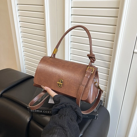 Women Vintage PU Leather Crossbody Bag Fashion Knot Handle Small Square Handbag With Adjustable Strap For Daily Commuting
