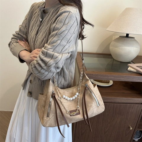 Vintage Washed Fabric PU Leather Shoulder Bag For Women Large Capacity Tote With Artificial Pearl Chain Casual Daily Handbag