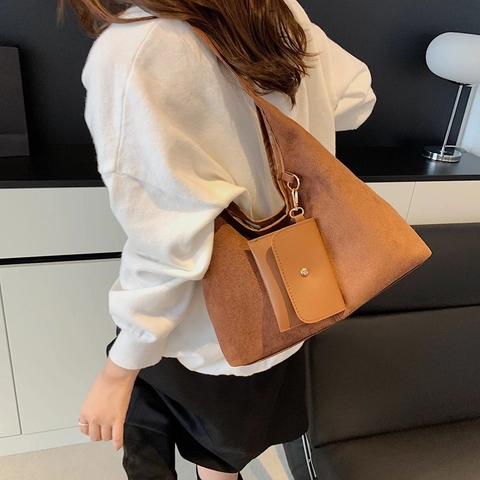 Sac Cabas Minimaliste en Daim pour Femmes Sac à Épaule Grande Capacité Sac Hobo Urbain Rétro Avec Petite Pochette
