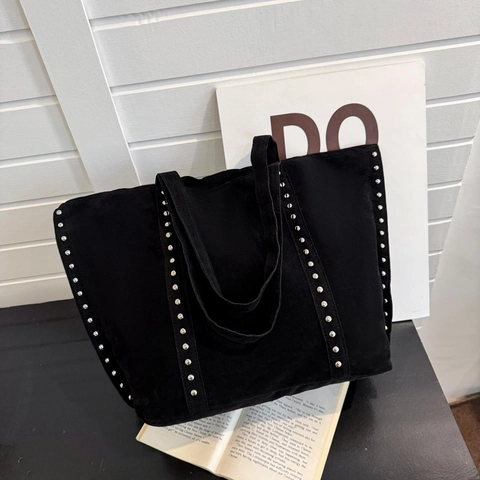 Fashion Corduroy Large Capacity Tote Bag For Women Vintage Metal Rivet Decor Solid Color Everyday Shoulder Handbag