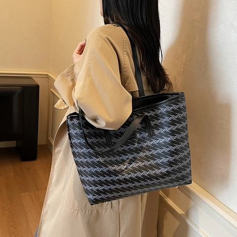 Damen Große Kapazität Tote Bag Geometrisches Muster PU Leder Umhängetasche Urban Chic Pendler Handtasche Mit Reißverschluss