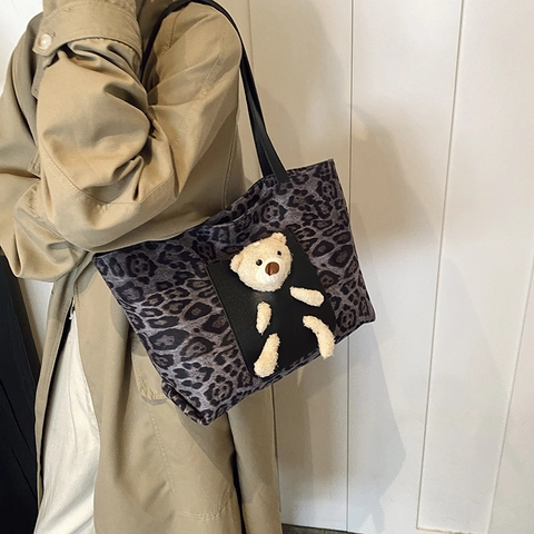 Bolsa Tote Retro con Estampado de Leopardo para Mujer Gran Capacidad Bolso de Hombro con Oso de Peluche 3D