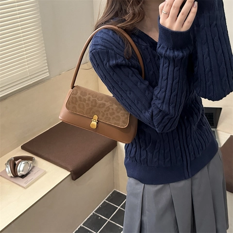 Vintage Nische Leopardenmuster Baguette Tasche Für Damen Koreanische Mode Kunstleder Wildleder Schulter Achsel Pendeln Handtasche