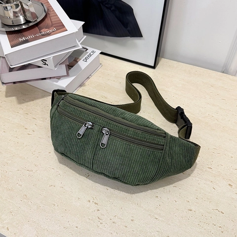 Riñonera de Pana para Mujer Retro Casual Color Sólido Correa Ajustable Multi Bolsillo Bolso de Pecho Crossbody para Viajes Diario Moda