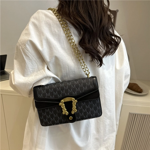 Borsa a Spalla da Donna Vintage in Pelle PU Con Stampa Monogramma Lettera Tracolla a Catena in Metallo Chiusura Retro Borsa a Tracolla