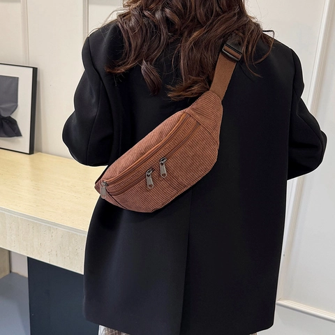 Riñonera de Pana para Mujer Retro Casual Color Sólido Correa Ajustable Multi Bolsillo Bolso de Pecho Crossbody para Viajes Diario Moda