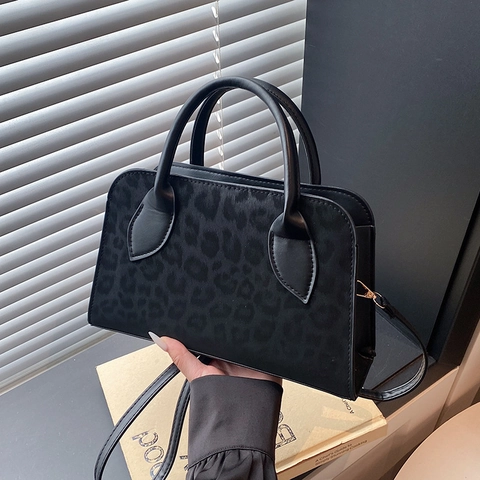 Women Leopard Print Handbag Vintage PU Leather Boston Crossbody Bag Retro Fashion Small Square Shoulder Bag For Commuting Daily