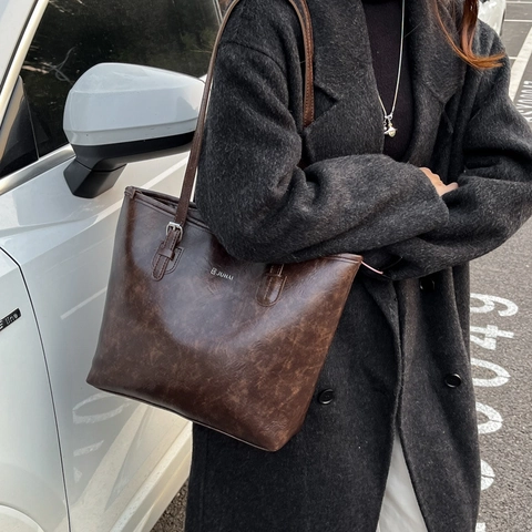 Borsa Tote da Donna in Pelle PU Grande Capacità Minimalista Retro Texture Borsa a Tracolla Pendolare Versatile Autunno Inverno