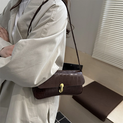 Vintage Krokodil Prägung PU Leder Unterarmtasche Für Damen Französischer Stil Umhängetasche Mit Goldenem Metallschloss Minimalistische Handtasche