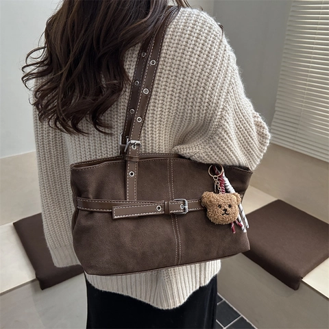Borsa a Tracolla da Donna Vintage Grande Capacità Retro Suede Pelle PU Tote Bag Cuciture a Contrasto Casual Quotidiana Pendolare