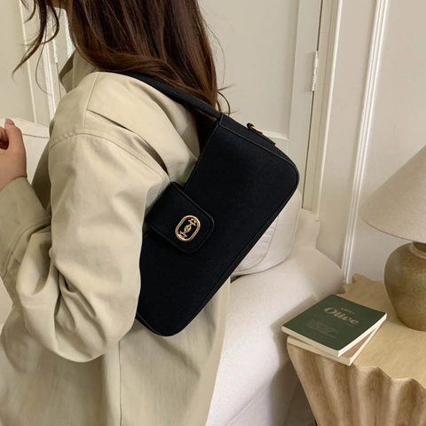 Bolso Soberaco de Cuero PU Vintage Francés Para Mujer Bolso de Hombro Retro Bocado Bolso Bandolera Minimalista Color Sólido