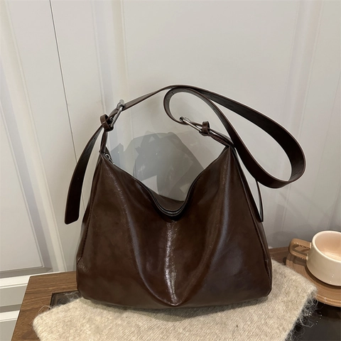 Vintage PU Leather Large Capacity Hobo Bag For Women Solid Color Glossy Street Trend Shoulder Crossbody Commuter Tote Bag
