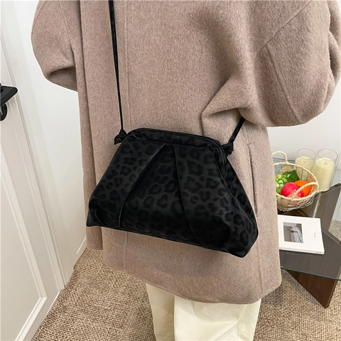 Borsa a Tracolla da Donna con Stampa Leopardata e Pieghe Vintage Dumpling Pouch in Pelle Sintetica Opaca Borsa a Spalla Moda